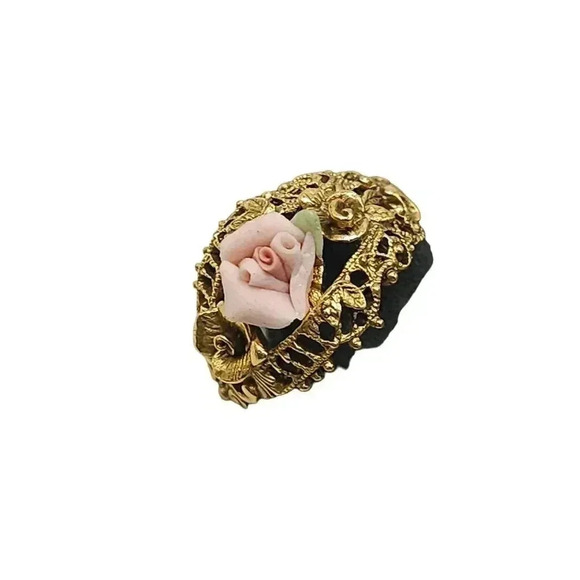 1928 Gold Filigree Hoop Earrings Pink Porcelain Flower Pierced Post - Picture 3 of 5